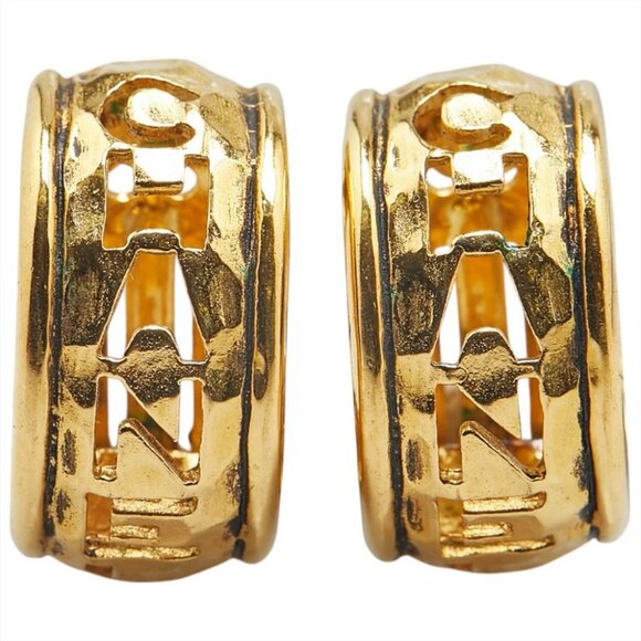 CHANEL Logo Hoop Clip-On Earrings Gold Tone Auth #1283 - Picture 3 of 6